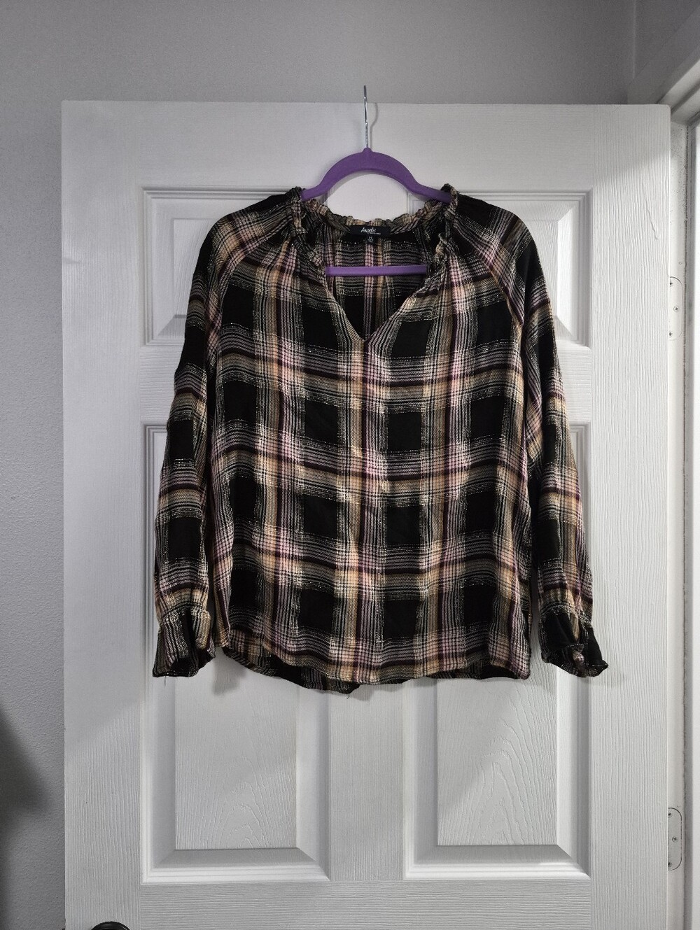 Y2k Angels Black Plaid Peasant Blouse Medium